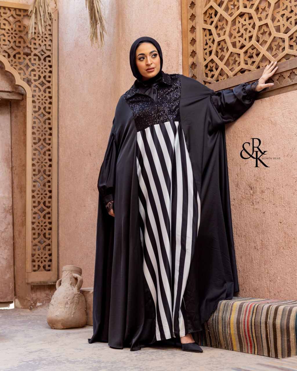 Striped Satin Abaya- 38507